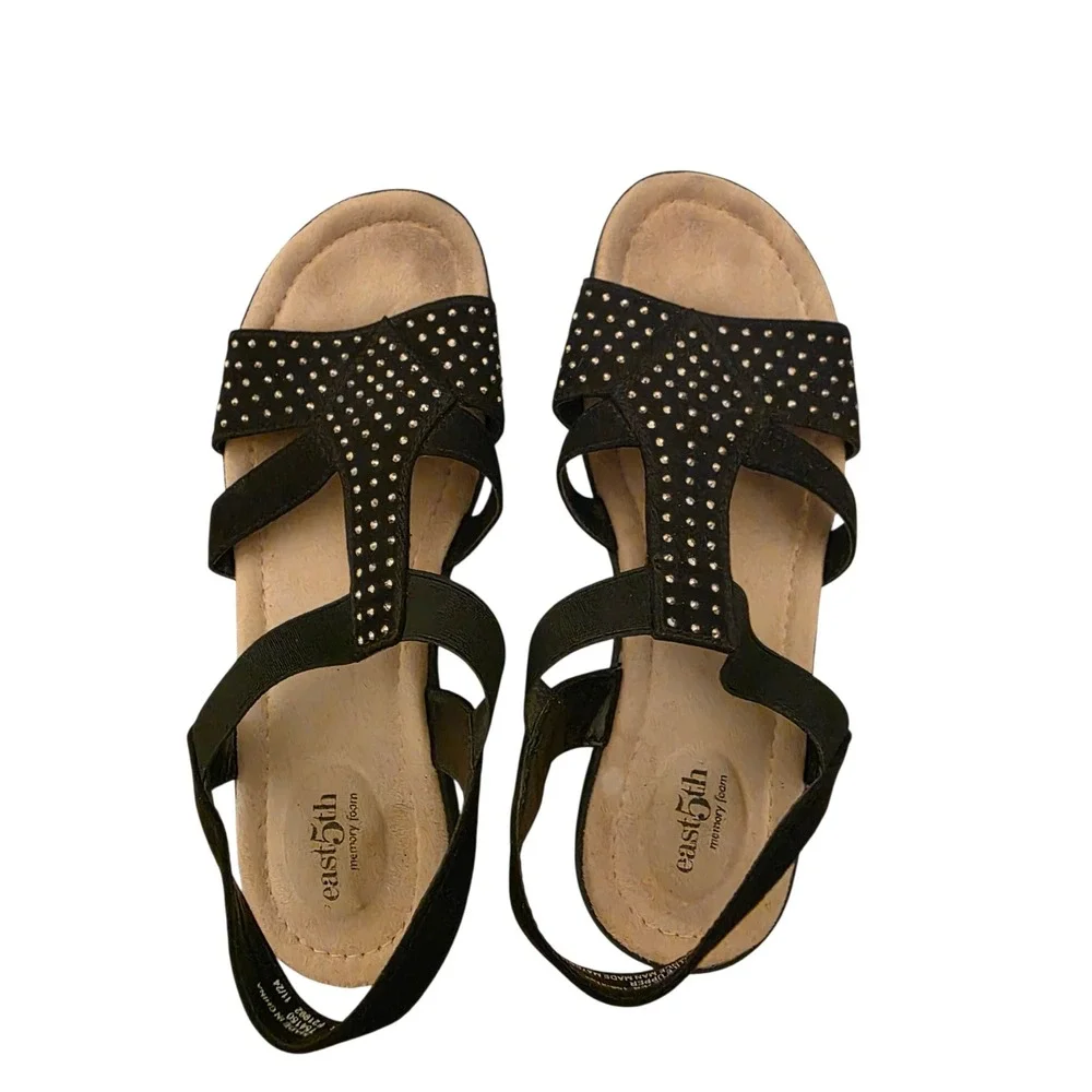 East 5th Inster Black Studded Memory Foam Wedge Sandals Womens 9.5M